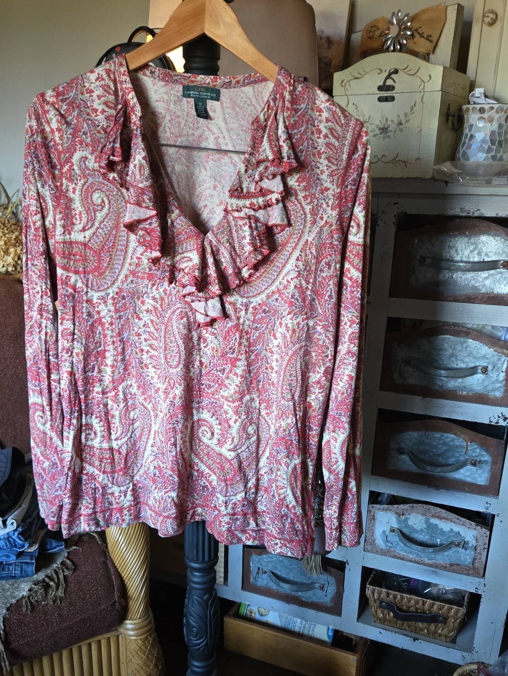 Ralph Lauren Notations Paisley Ruffle V-Neck Blouse in Red and Cream